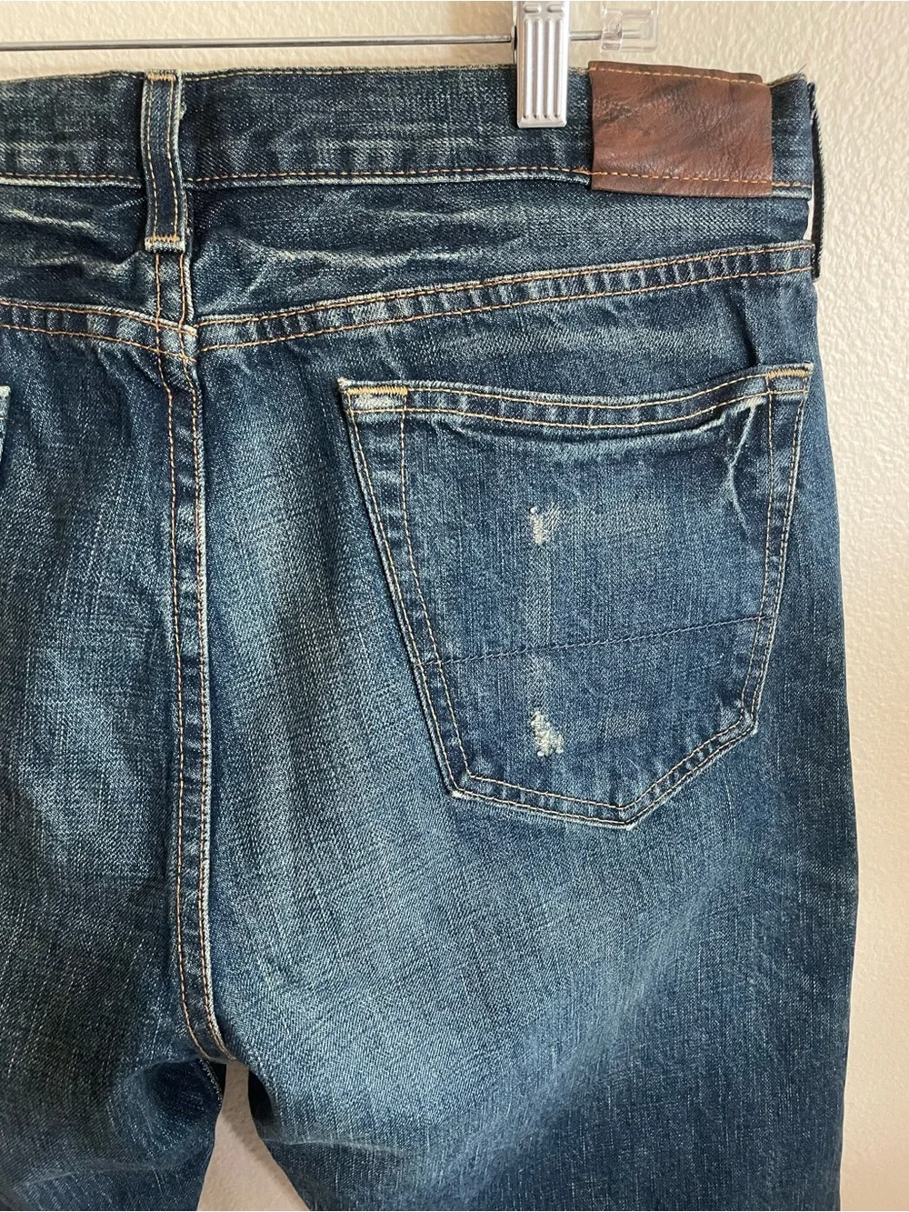 J. Crew Vintage Slim Fit button fly dark blue denim Jeans distressed vintage